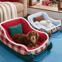 Lit pour chien et chat en peluche en forme de luge de Noël moderne et mignon, canapé-lit doux et chaud pour la décoration des fêtes