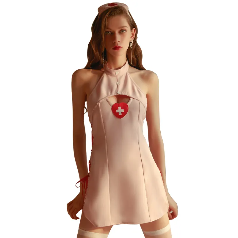 Bossman wholesale sleeveless hollow out lace up sides nurse suit role play sex costumes 1630