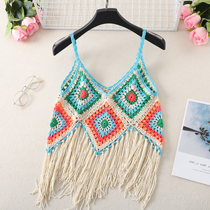 Nouveau <span class=keywords><strong>Gilet</strong></span> Court <span class=keywords><strong>Femme</strong></span> Tendance en <span class=keywords><strong>Crochet</strong></span> Fait Main avec Patchwork et Pompons, Style Urbain Sans Manches pour l'Été - Product Image 2