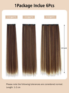 สีน้ำตาลเข้มไฮไลท์สีทอง ผมตรงยาวแบบไหมสังเคราะห์ ต่อผมแบบคลิป 6 ชิ้น ชุดเส้นใยสังเคราะห์ ยาว 26 นิ้ว - Product Image 5