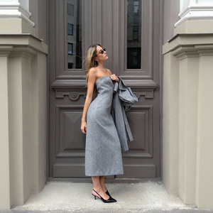 Abito Midi Elegante da Donna in Misto Lana <span class=keywords><strong>Grigio</strong></span> di Alta Qualità, <span class=keywords><strong>Vestito</strong></span> <span class=keywords><strong>Aderente</strong></span> con Scollo all'Americana in Lana Naturale, Formale e Casual, OEM ODM - Product Image 1