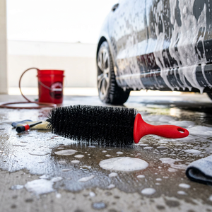 Brosse à pneus de voiture en nylon à poils rouges avec manche pour le nettoyage des roues et le detailing automobile - Product Image 1