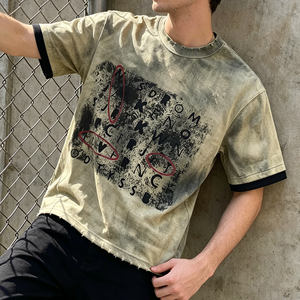 T-shirt Homme Personnalisé en Coton Épais Effet Vieilli Streetwear Imprimé Graphique Déchiré Coupe Courte Boxy Vintage Délavé à l'Acide - Product Image 4