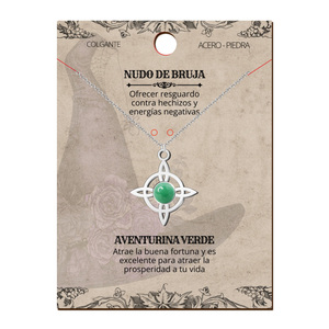 Ciondolo con nodo della strega in acciaio argento con avventurina verde portafortuna e collana di amuleto protettivo - Product Image 2