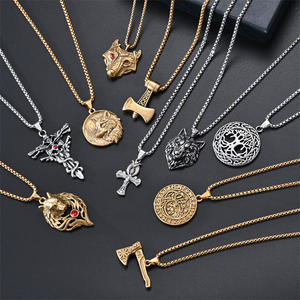 Collana con Ciondolo Retrò Punk in Acciaio Inox 316L, Testa di Lupo, Albero della Vita, Croce, Crocifisso, Ascia, Catena a Maglie per Uomo - Product Image 1