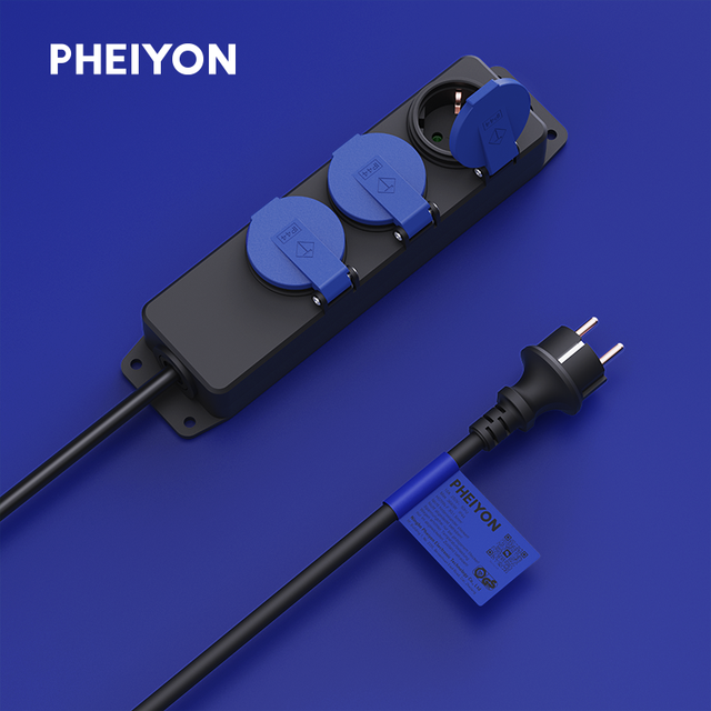 Pheiyon Eu Extension Socket IP44 Schuko 3 Outlets Outdoor Waterproof with Protective Cover 250V 16A 1.4m PP