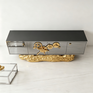 Console d'entrée de luxe haut de gamme avec rangement et meuble TV, cadre en bois massif et laiton artisanal, design doré froissé pour appartement C02 - Product Image 6