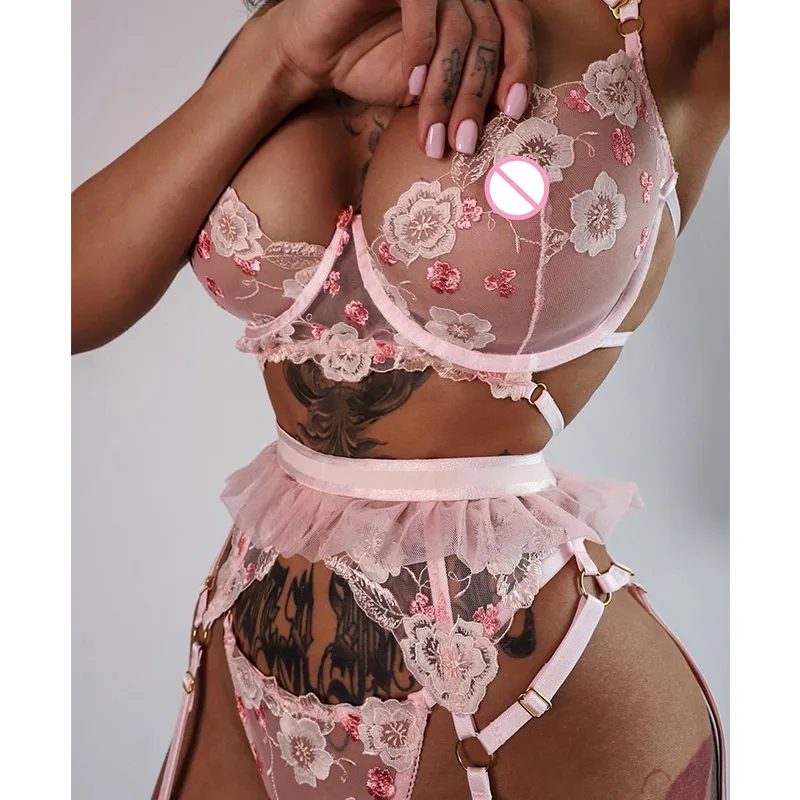 Roupa de dormir feminina sexy barata de renda bordada roupa de dormir sexy dessous doce lingerie transparente