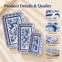 Ensemble d'assiettes rectangulaires en céramique bleu et blanc personnalisées avec motif floral citronné, plat de service en céramique, fournisseur en gros OEM ODM