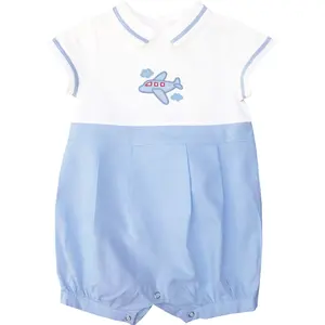 Custom Summer Blue Little Boy Airplane Embroidery Cute 100% Cotton Natural Organic Baby Rompers Kids Clothing Baby Clothes