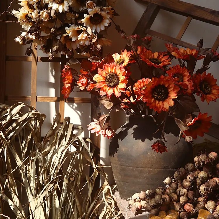 H-128 5 cabeça vintage girassol outono cor simulação flor laranja único ramo girassol decoração para casa adereços de fotografia