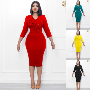 ร้อนขายสุภาพสตรีชุดเดรสผู้หญิงทํางานอย่างเป็นทางการสามไตรมาสแขนเสื้อ V คอลูกปัด Ruffle อาชีพชุดกับเข็มขัด - Product Image 2