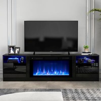 Meuble TV Cheminée Électrique Classique Noir en Bois, Meuble TV Mid-Century Multifonctionnel et Durable avec Lumières LED