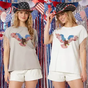 2024 New Summer American flag Eagle Tassel Short Sleeve T-Shirts 4th of July Top Loose Patriotic Shirts