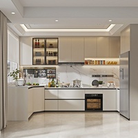 Armoires de cuisine modernes Santopova en laque beige avec porte en verre et éclairage LED