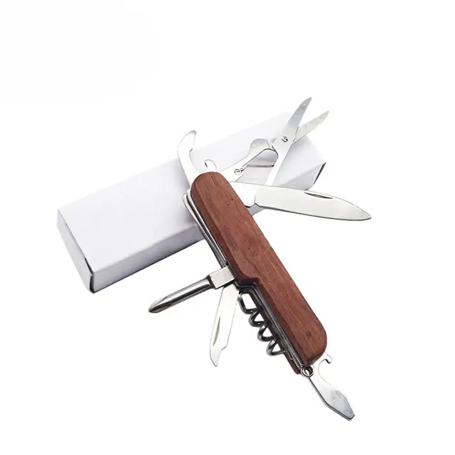 木製ハンドル付き7 in1屋外多機能コンパクトポケットナイフ