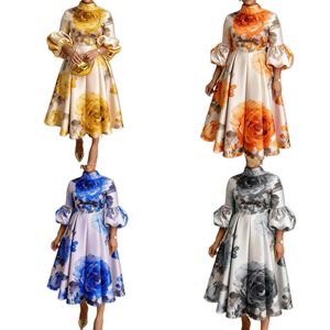 Elegante Abito Floreale a Collo Alto con Maniche a Bolla, Vestito a Trapezio <span class=keywords><strong>per</strong></span> Casa, Lavoro e Feste - Product Image 1