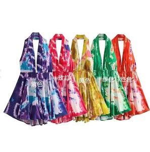 Nuevo <span class=keywords><strong>vestido</strong></span> plisado estampado corto con cuello colgante y <span class=keywords><strong>espalda</strong></span> <span class=keywords><strong>abierta</strong></span> estilo de vacaciones, nuevo <span class=keywords><strong>vestido</strong></span> de verano de 2017 - Product Image 3
