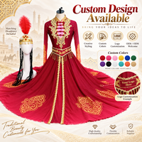 Costume de danse folklorique du Xinjiang pour femmes, dégradé rouge professionnel, broderie dorée de luxe, robe de scène avec coiffe