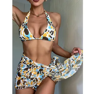 Custom Floral Printed Sexy Open Back 3 Piece Swimsuits For Women With Sarong