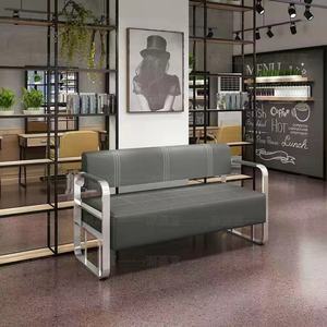 Meubles d'attente pour salon de beauté et barbier, cadre en métal doré, siège double en cuir, chaise de salle - Product Image 5