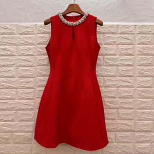 AELESEEN Runway moda Mini Vestido Mujer verano sin mangas adornado con un strass chispeante rebordear rojo rosa negro Beige - Product Image 1