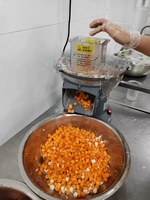 Elektrische aardappelsnijmachine voor professioneel gebruik, 300 kg/uur, geschikt voor wortelen en aardappelen.