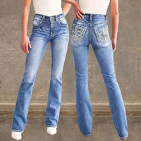 Pantalon en jean pour femme, style été, avec poche arrière brodée, double boutons, coupe slim, extensible, légèrement évasé