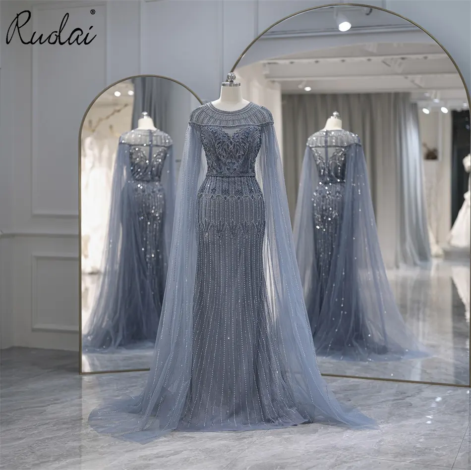 Ruolai LWC8133 Elegant O-neckline Long Sleeve A-line Evening Dress Crystal Beaded Piping Evening Gown Dress