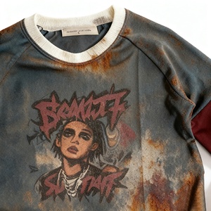 Custom Men's Wear Distressed Vintage Long Sleeve T-Shirt Grunge Punk Style <strong>Rust</strong> Effect Graphic Print Oversized Raglan Tee <strong>Tops</strong> - Product Image 3