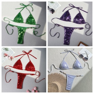 Ensemble <span class=keywords><strong>de</strong></span> bikini string métallisé perlé pour femme, maillot <span class=keywords><strong>de</strong></span> <span class=keywords><strong>bain</strong></span> deux pièces triangle halter, tenue <span class=keywords><strong>de</strong></span> <span class=keywords><strong>bain</strong></span> brésilienne sexy - Product Image 5