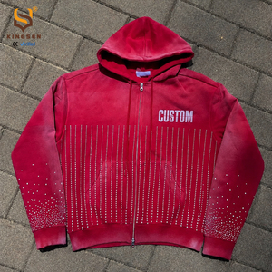 เสื้อฮู้ดดี้ผู้ชายแบบซิป ปักลาย แอซิดวอช 400gsm สตรีทแวร์ ดีไซน์ใหม่ ทรงหลวม ตกแต่งคริสตัล สไตล์วินเทจ - Product Image 3