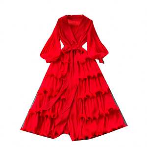 Vestido Midi Plisado con Cuello Vuelto Estilo Vintage Primavera 2025 para Mujer, Manga Linterna, Corte Imperio, con Volantes y Encaje - Product Image 5