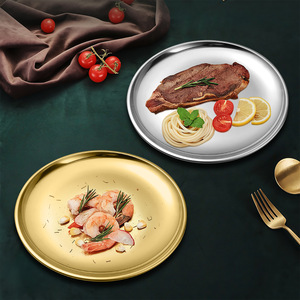 Assiette en acier inoxydable, assiette ronde pour barbecue coréen, assiette à steak à la mode occidentale, assiette à fruits et desserts, assiette à os, plateau, barbecue - Product Image 1