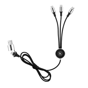 Benutzer definiertes Logo Werbe geschenke Set Nylon geflochten 3 in 2 USB-Typ C-Kabel mit zwei Eingängen 2 m mit LED-Logo-Ladekabel