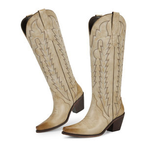 Botas <span class=keywords><strong>Vaqueras</strong></span> Occidentales Personalizadas WETKISS con Efecto Ombré, Botas <span class=keywords><strong>Vaqueras</strong></span> Retro Bordadas para Mujer, Botas Altas hasta la Rodilla con Punta Redonda y Tacón Grueso - Product Image 2