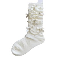 Chaussettes mi-mollet rétro pour femme, en maille de coton respirante, faites à la main, fines et amincissantes, avec nœud et chaîne de perles