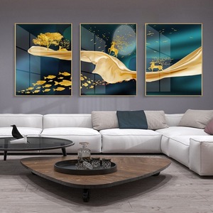 Arte Mural Tríptico Moderno de Porcelana de Cristal con Lámina Dorada, Paisaje Abstracto, Pintura Decorativa <span class=keywords><strong>para</strong></span> <span class=keywords><strong>Sala</strong></span> de Estar, Fondo de Sofá - Product Image 6