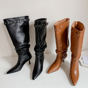 Women Top Belt Buckles Shoes High Heels Pointed Toe Stiletto on Knee High <b>Boots</b> Wide Pleated Upper Long Booties - Product Image 4