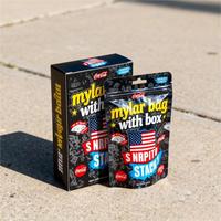 Vente en gros en stock de sacs et boîtes en mylar de 3.5g, emballage de forme spéciale de bonbons découpés à l'emporte-pièce, sacs holographiques préfabriqués en mylar de 3.5 avec boîte