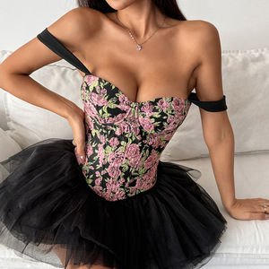 Camicetta con Stampa di Rose <span class=keywords><strong>Rosa</strong></span> e Spalline Larghe, 100% Poliestere, Antistatica, Romantica, Vintage, Modellante per la Vita, Bustier per Donne - Product Image 2