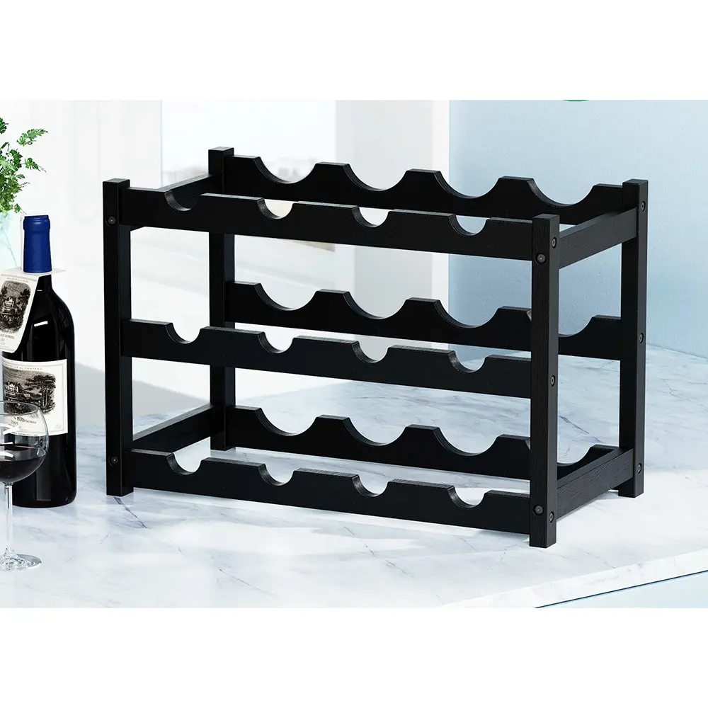 Estante para botellas de vino de mesa de bambú sólido de 3 capas y 12 botellas