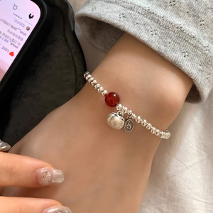 S925 Sterling Silver Red Agate <b>Beaded</b> Persimmon <b>Bracelet</b> Women's Jewelry Gift - Product Image 1