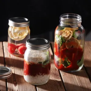 Stoples Mason kaca 32 Oz mulut lebar dengan tutup kedap udara Amber kaca bening kaleng Mason Jar Quart Mason Jar