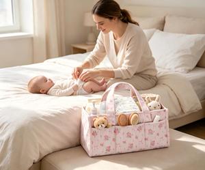 Organizador de Pañales para Bebé de Pana Suave al Tacto, Bolsa de Pañales Portátil con Múltiples Bolsillos, Cesta de Almacenamiento para Guardería - Product Image 3