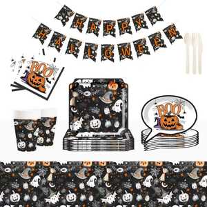 DAMAI Halloween Party Supplies Halloween Paper Plates Cups Napkins Party Disposable Tableware Set Birthday Favor for 8 Guests - Product Image 1
