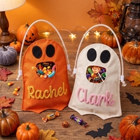 Sac à bonbons d'Halloween personnalisé avec motif fantôme, sac fourre-tout pour bonbons avec nom personnalisé et volant écossais, sac d'Halloween réutilisable pour enfants