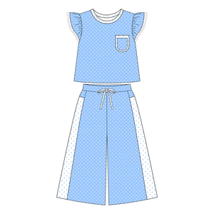 Vente en gros de hauts à manches volantées à pois pour fillettes avec poche et pantalon large, ensembles de 2 pièces, vêtements décontractés pour enfants - Product Image 2