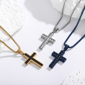 Mens <b>Cross</b> Pendant Necklace Stainless Steel 18K Gold Plated Black Christian Faith Rolo <b>Chain</b> Hip Hop Fashion Jewelry Non Tarnish - Product Image 1