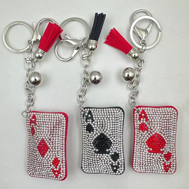 Sparkling Crystal Playing Card Keychain Fashion Rhinestone Diamonds Leather Tassel Keychain Bling Playing Card Pendant Bag Charm